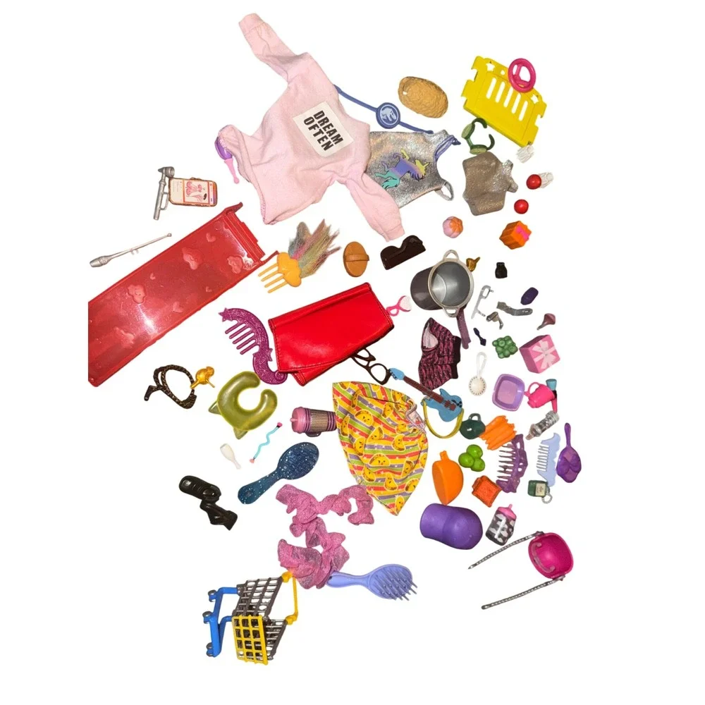 Barbie Doll Accessories Huge Mixed Lot Clothes Shoes Purses Food Kitchen Vintage